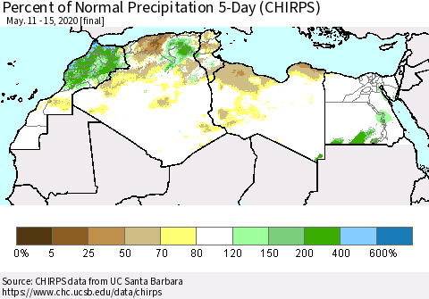 North Africa Percent of Normal Precipitation 5-Day (CHIRPS) Thematic Map For 5/11/2020 - 5/15/2020