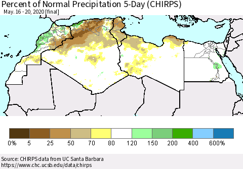 North Africa Percent of Normal Precipitation 5-Day (CHIRPS) Thematic Map For 5/16/2020 - 5/20/2020