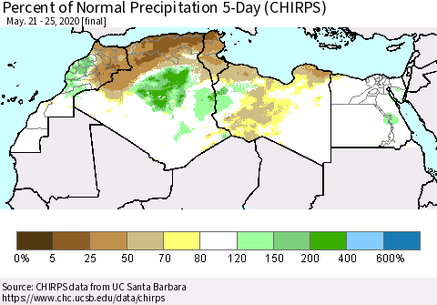 North Africa Percent of Normal Precipitation 5-Day (CHIRPS) Thematic Map For 5/21/2020 - 5/25/2020