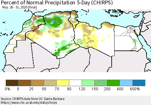 North Africa Percent of Normal Precipitation 5-Day (CHIRPS) Thematic Map For 5/26/2020 - 5/31/2020