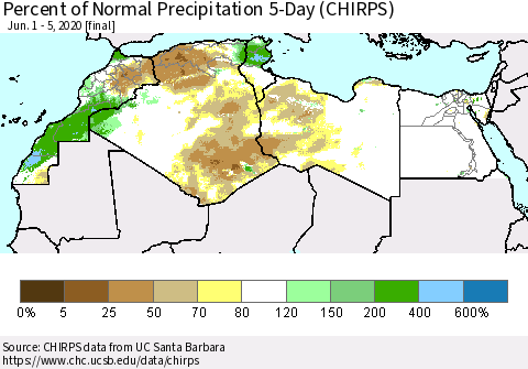 North Africa Percent of Normal Precipitation 5-Day (CHIRPS) Thematic Map For 6/1/2020 - 6/5/2020