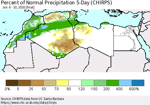 North Africa Percent of Normal Precipitation 5-Day (CHIRPS) Thematic Map For 6/6/2020 - 6/10/2020