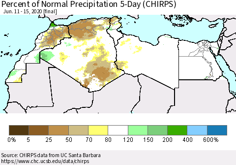 North Africa Percent of Normal Precipitation 5-Day (CHIRPS) Thematic Map For 6/11/2020 - 6/15/2020