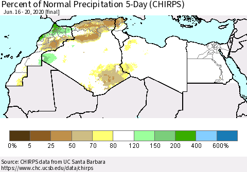 North Africa Percent of Normal Precipitation 5-Day (CHIRPS) Thematic Map For 6/16/2020 - 6/20/2020