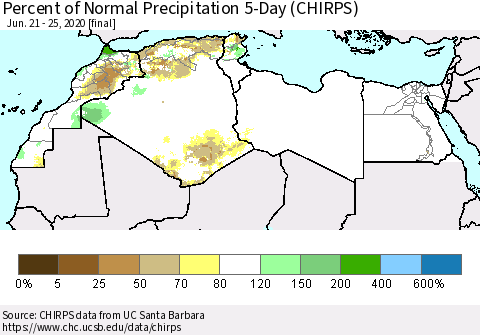 North Africa Percent of Normal Precipitation 5-Day (CHIRPS) Thematic Map For 6/21/2020 - 6/25/2020