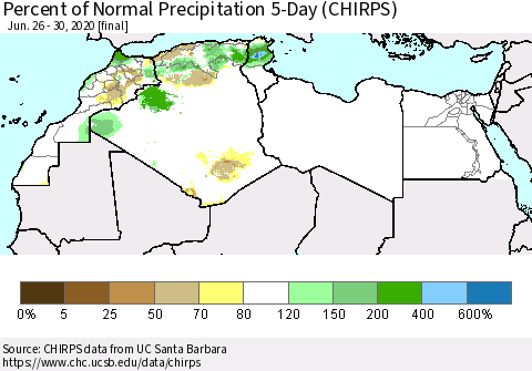 North Africa Percent of Normal Precipitation 5-Day (CHIRPS) Thematic Map For 6/26/2020 - 6/30/2020