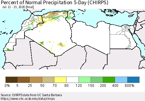 North Africa Percent of Normal Precipitation 5-Day (CHIRPS) Thematic Map For 7/11/2020 - 7/15/2020