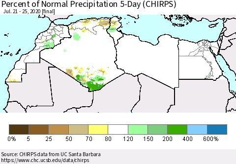 North Africa Percent of Normal Precipitation 5-Day (CHIRPS) Thematic Map For 7/21/2020 - 7/25/2020