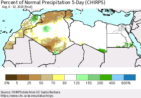 North Africa Percent of Normal Precipitation 5-Day (CHIRPS) Thematic Map For 8/6/2020 - 8/10/2020