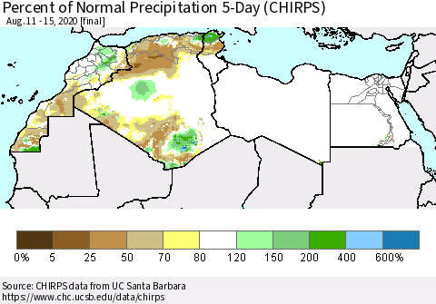 North Africa Percent of Normal Precipitation 5-Day (CHIRPS) Thematic Map For 8/11/2020 - 8/15/2020