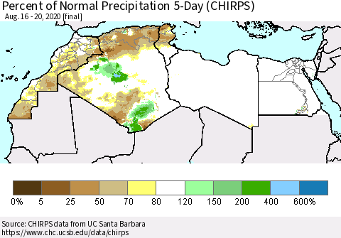 North Africa Percent of Normal Precipitation 5-Day (CHIRPS) Thematic Map For 8/16/2020 - 8/20/2020