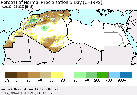 North Africa Percent of Normal Precipitation 5-Day (CHIRPS) Thematic Map For 8/21/2020 - 8/25/2020