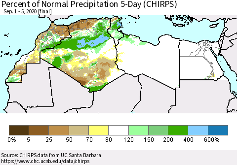 North Africa Percent of Normal Precipitation 5-Day (CHIRPS) Thematic Map For 9/1/2020 - 9/5/2020