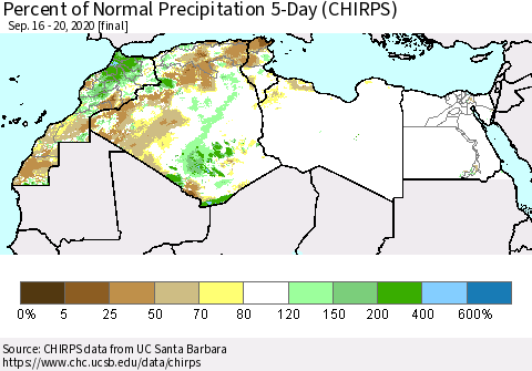 North Africa Percent of Normal Precipitation 5-Day (CHIRPS) Thematic Map For 9/16/2020 - 9/20/2020