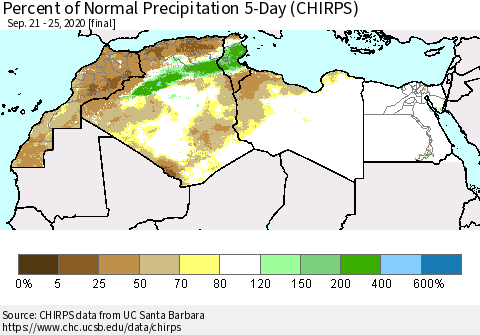 North Africa Percent of Normal Precipitation 5-Day (CHIRPS) Thematic Map For 9/21/2020 - 9/25/2020