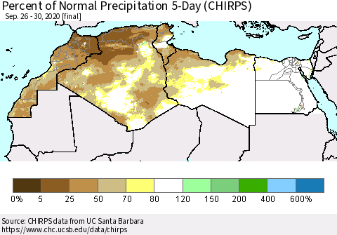 North Africa Percent of Normal Precipitation 5-Day (CHIRPS) Thematic Map For 9/26/2020 - 9/30/2020