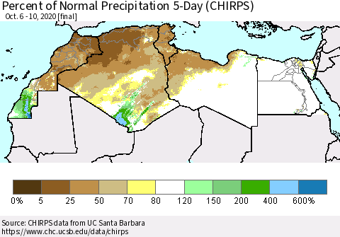 North Africa Percent of Normal Precipitation 5-Day (CHIRPS) Thematic Map For 10/6/2020 - 10/10/2020