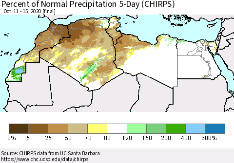 North Africa Percent of Normal Precipitation 5-Day (CHIRPS) Thematic Map For 10/11/2020 - 10/15/2020