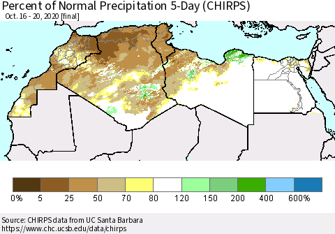 North Africa Percent of Normal Precipitation 5-Day (CHIRPS) Thematic Map For 10/16/2020 - 10/20/2020