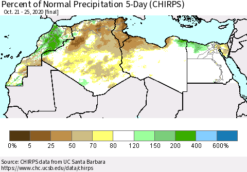 North Africa Percent of Normal Precipitation 5-Day (CHIRPS) Thematic Map For 10/21/2020 - 10/25/2020
