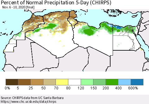 North Africa Percent of Normal Precipitation 5-Day (CHIRPS) Thematic Map For 11/6/2020 - 11/10/2020