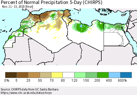 North Africa Percent of Normal Precipitation 5-Day (CHIRPS) Thematic Map For 11/11/2020 - 11/15/2020