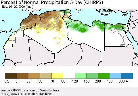 North Africa Percent of Normal Precipitation 5-Day (CHIRPS) Thematic Map For 11/16/2020 - 11/20/2020