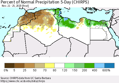North Africa Percent of Normal Precipitation 5-Day (CHIRPS) Thematic Map For 11/21/2020 - 11/25/2020