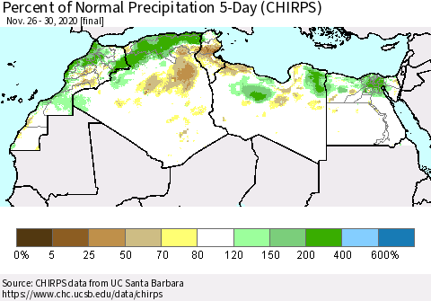 North Africa Percent of Normal Precipitation 5-Day (CHIRPS) Thematic Map For 11/26/2020 - 11/30/2020