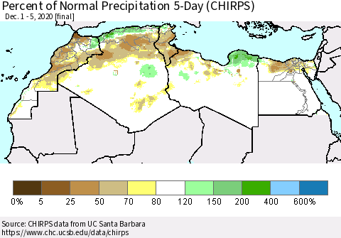North Africa Percent of Normal Precipitation 5-Day (CHIRPS) Thematic Map For 12/1/2020 - 12/5/2020