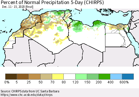 North Africa Percent of Normal Precipitation 5-Day (CHIRPS) Thematic Map For 12/11/2020 - 12/15/2020