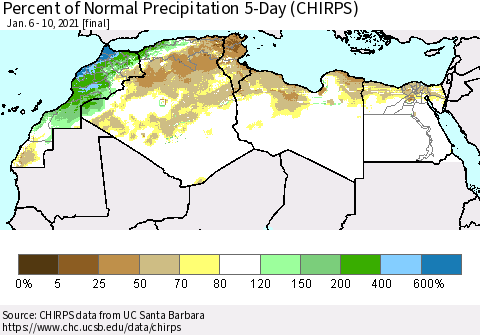 North Africa Percent of Normal Precipitation 5-Day (CHIRPS) Thematic Map For 1/6/2021 - 1/10/2021