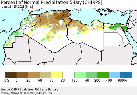 North Africa Percent of Normal Precipitation 5-Day (CHIRPS) Thematic Map For 1/11/2021 - 1/15/2021