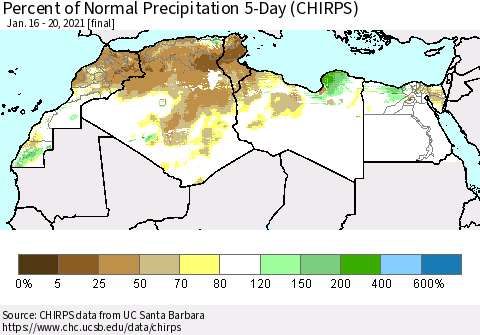 North Africa Percent of Normal Precipitation 5-Day (CHIRPS) Thematic Map For 1/16/2021 - 1/20/2021