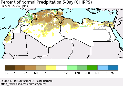 North Africa Percent of Normal Precipitation 5-Day (CHIRPS) Thematic Map For 1/21/2021 - 1/25/2021
