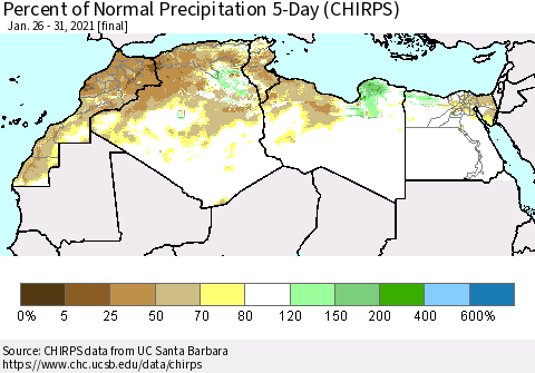 North Africa Percent of Normal Precipitation 5-Day (CHIRPS) Thematic Map For 1/26/2021 - 1/31/2021