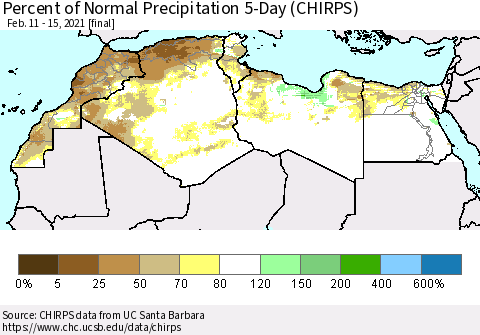 North Africa Percent of Normal Precipitation 5-Day (CHIRPS) Thematic Map For 2/11/2021 - 2/15/2021