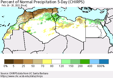 North Africa Percent of Normal Precipitation 5-Day (CHIRPS) Thematic Map For 2/16/2021 - 2/20/2021