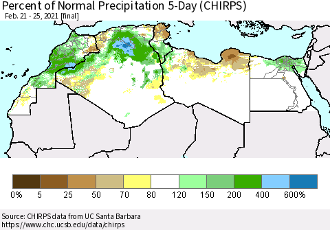 North Africa Percent of Normal Precipitation 5-Day (CHIRPS) Thematic Map For 2/21/2021 - 2/25/2021