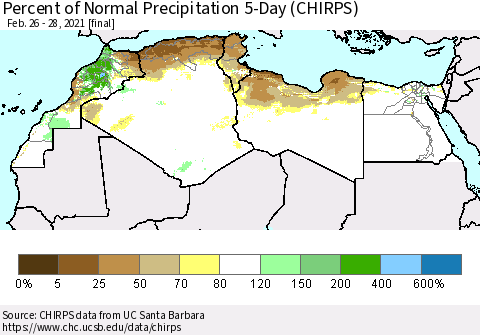 North Africa Percent of Normal Precipitation 5-Day (CHIRPS) Thematic Map For 2/26/2021 - 2/28/2021