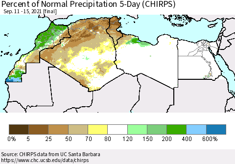 North Africa Percent of Normal Precipitation 5-Day (CHIRPS) Thematic Map For 9/11/2021 - 9/15/2021