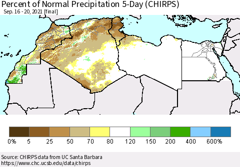 North Africa Percent of Normal Precipitation 5-Day (CHIRPS) Thematic Map For 9/16/2021 - 9/20/2021