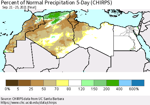 North Africa Percent of Normal Precipitation 5-Day (CHIRPS) Thematic Map For 9/21/2021 - 9/25/2021