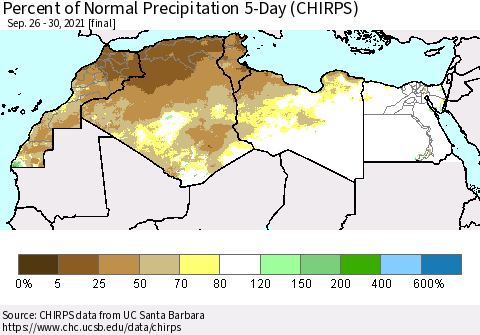 North Africa Percent of Normal Precipitation 5-Day (CHIRPS) Thematic Map For 9/26/2021 - 9/30/2021