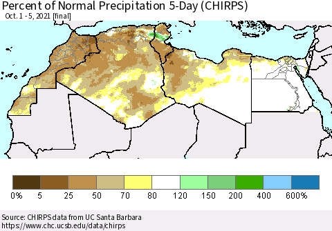 North Africa Percent of Normal Precipitation 5-Day (CHIRPS) Thematic Map For 10/1/2021 - 10/5/2021