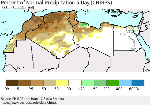 North Africa Percent of Normal Precipitation 5-Day (CHIRPS) Thematic Map For 10/6/2021 - 10/10/2021