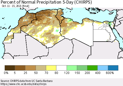 North Africa Percent of Normal Precipitation 5-Day (CHIRPS) Thematic Map For 10/11/2021 - 10/15/2021