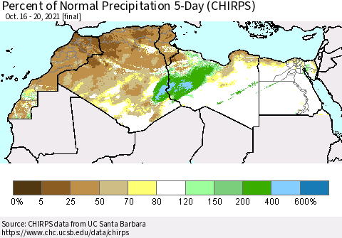 North Africa Percent of Normal Precipitation 5-Day (CHIRPS) Thematic Map For 10/16/2021 - 10/20/2021