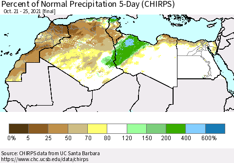 North Africa Percent of Normal Precipitation 5-Day (CHIRPS) Thematic Map For 10/21/2021 - 10/25/2021