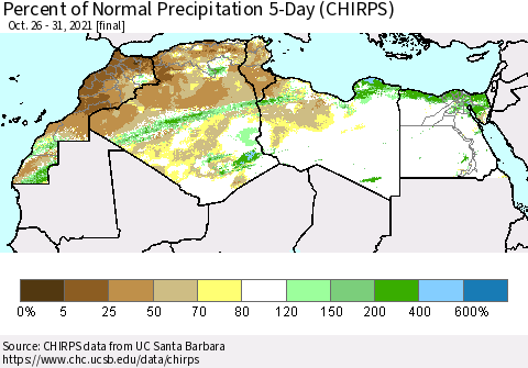 North Africa Percent of Normal Precipitation 5-Day (CHIRPS) Thematic Map For 10/26/2021 - 10/31/2021